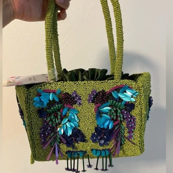 Viral Tik Tok Beaded Handbag Made in India Green Purple Floral NWT - Picture 5 of 6